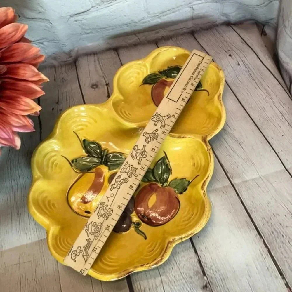 vtg maurice Pottery of california divided dish painted fruit cottage farmhouse